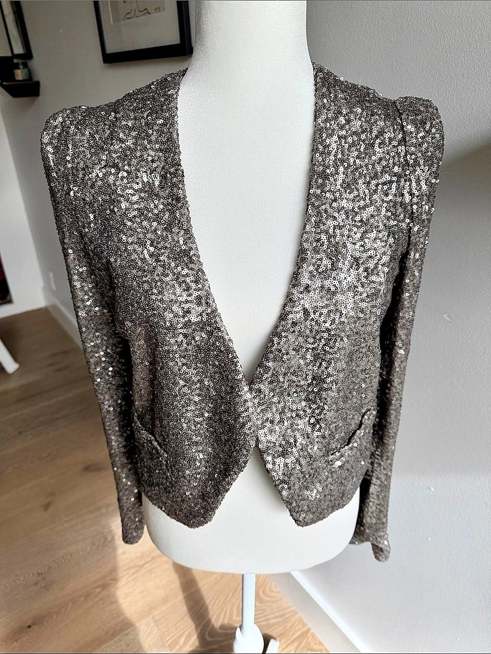 Line Dot Sequin Blazer in silver Size Medium Like New